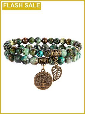 Natural Stone Chakra Bracelet Set Tree Leaf Charm Reiki Stretch